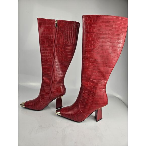 NIB Ninety Union Jada Size 9 Red Tall Boots w/ Gold Accents & Asymmetrical Heel - Picture 6 of 12